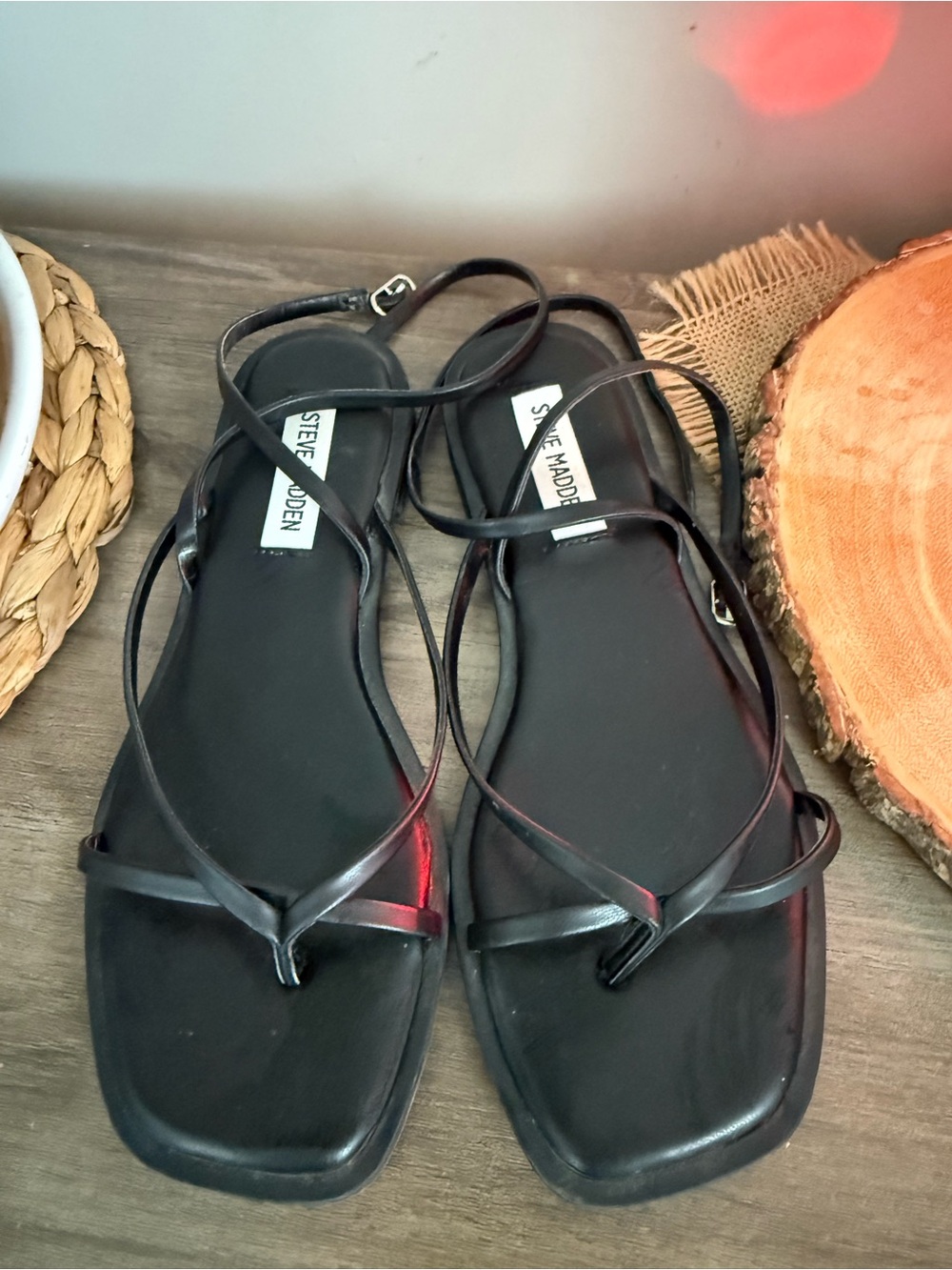 Steve Madden Black Minimal Strappy Flat Sandals